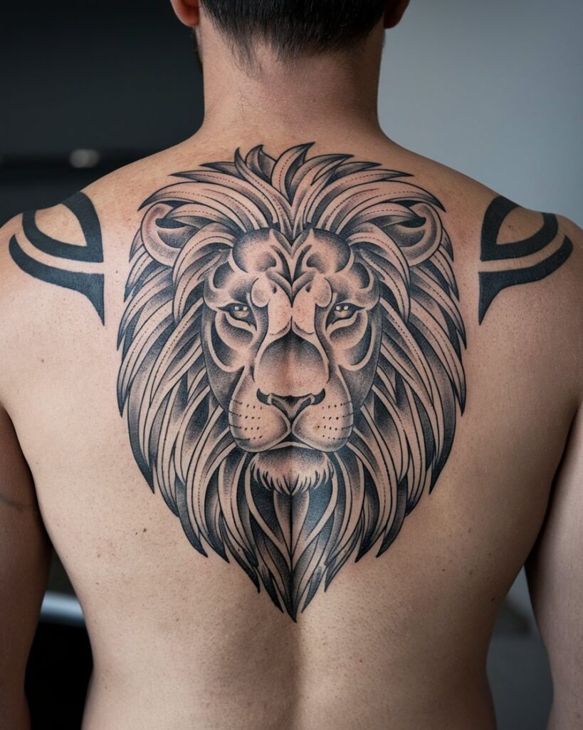 Lion Head Upper Back Tattoo