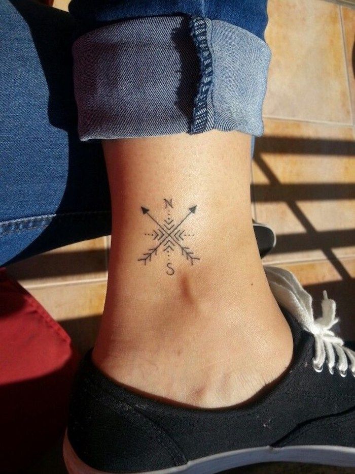 ankle-tattoo-north-south-arrows-compass-tattoo-ideas-jeans-black ...