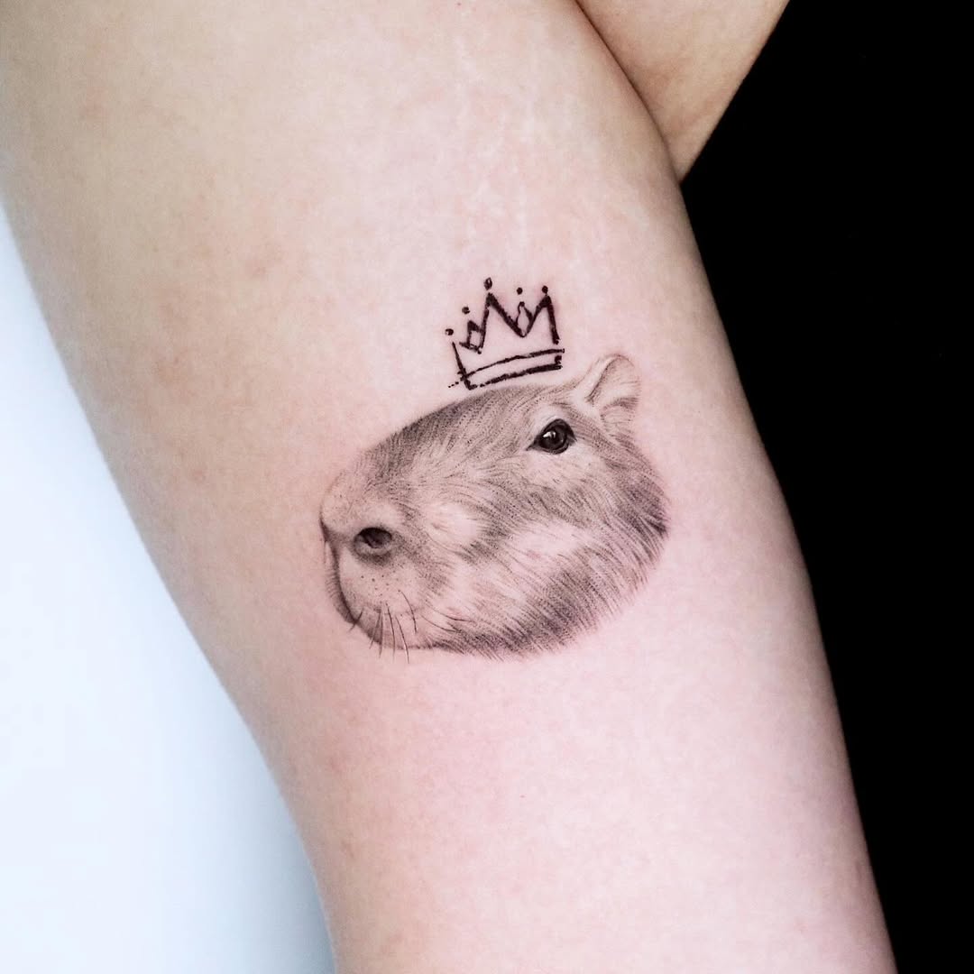 Regal capybara tattoo with crown accent