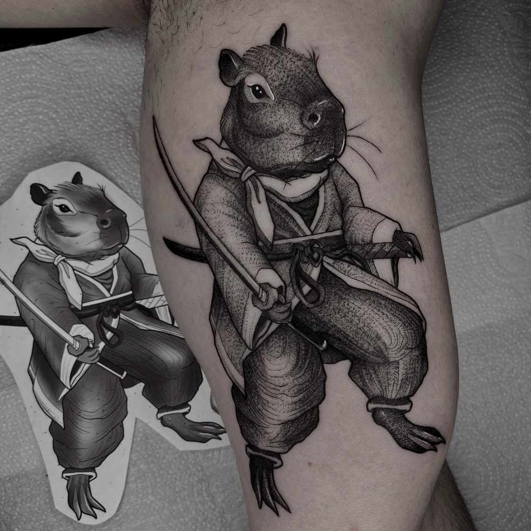 Fierce capybara warrior tattoo with sword
