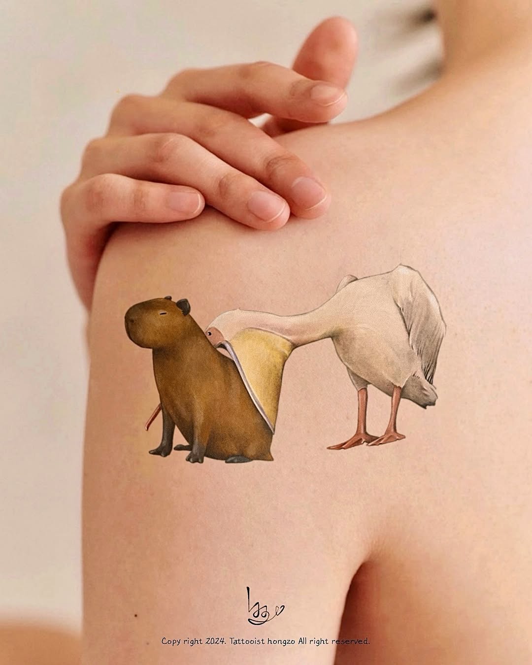 Charming capybara with bird tattoo design