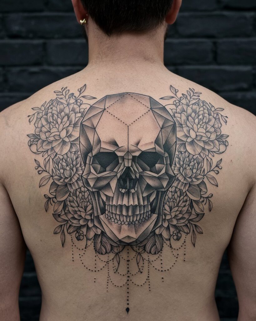 Geometric Skull With Flowers Tattoo
