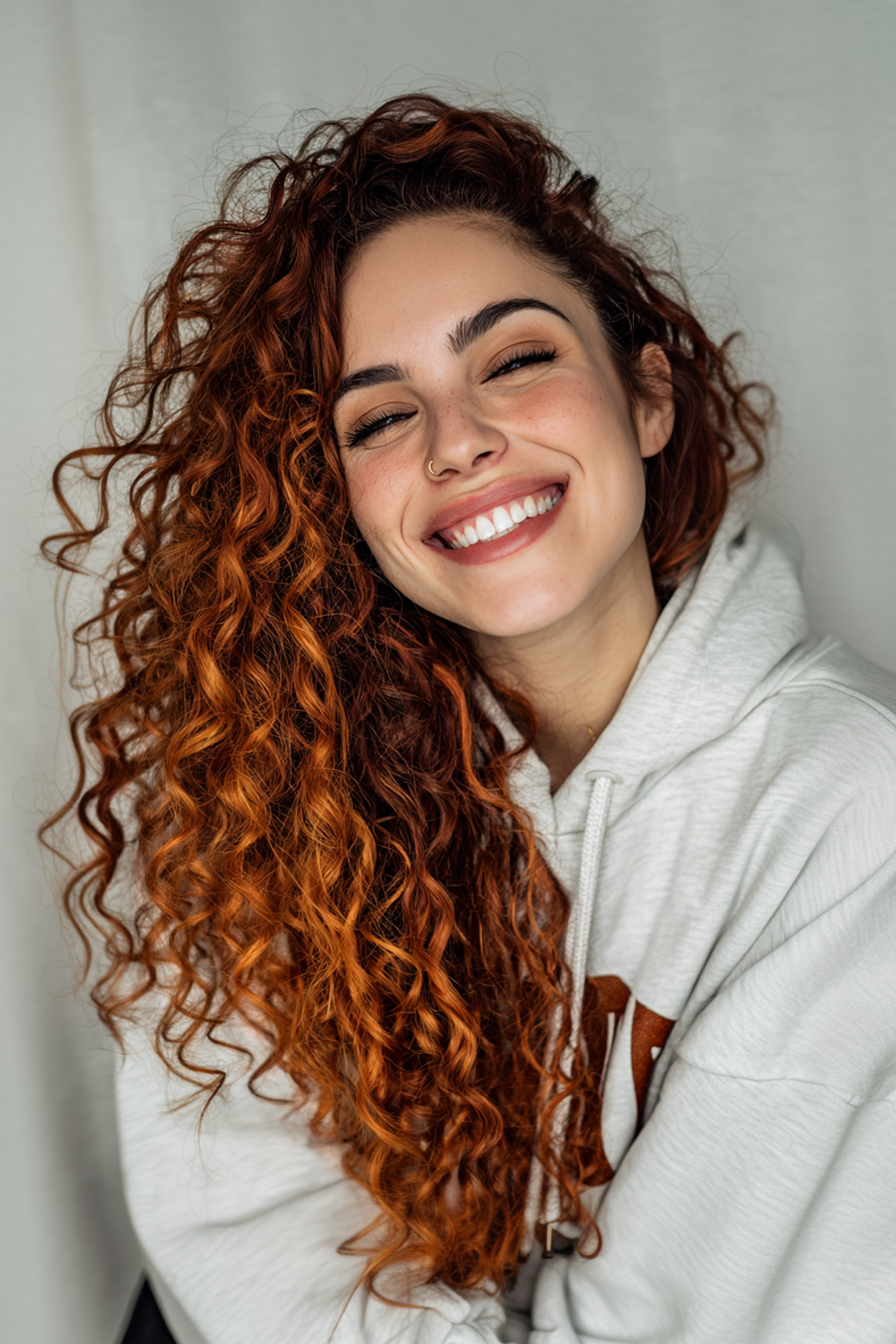 2. V-Cut Curls with Auburn Highlights (Long Haircuts For Curly Hair) - Long Haircuts For Curly Hair