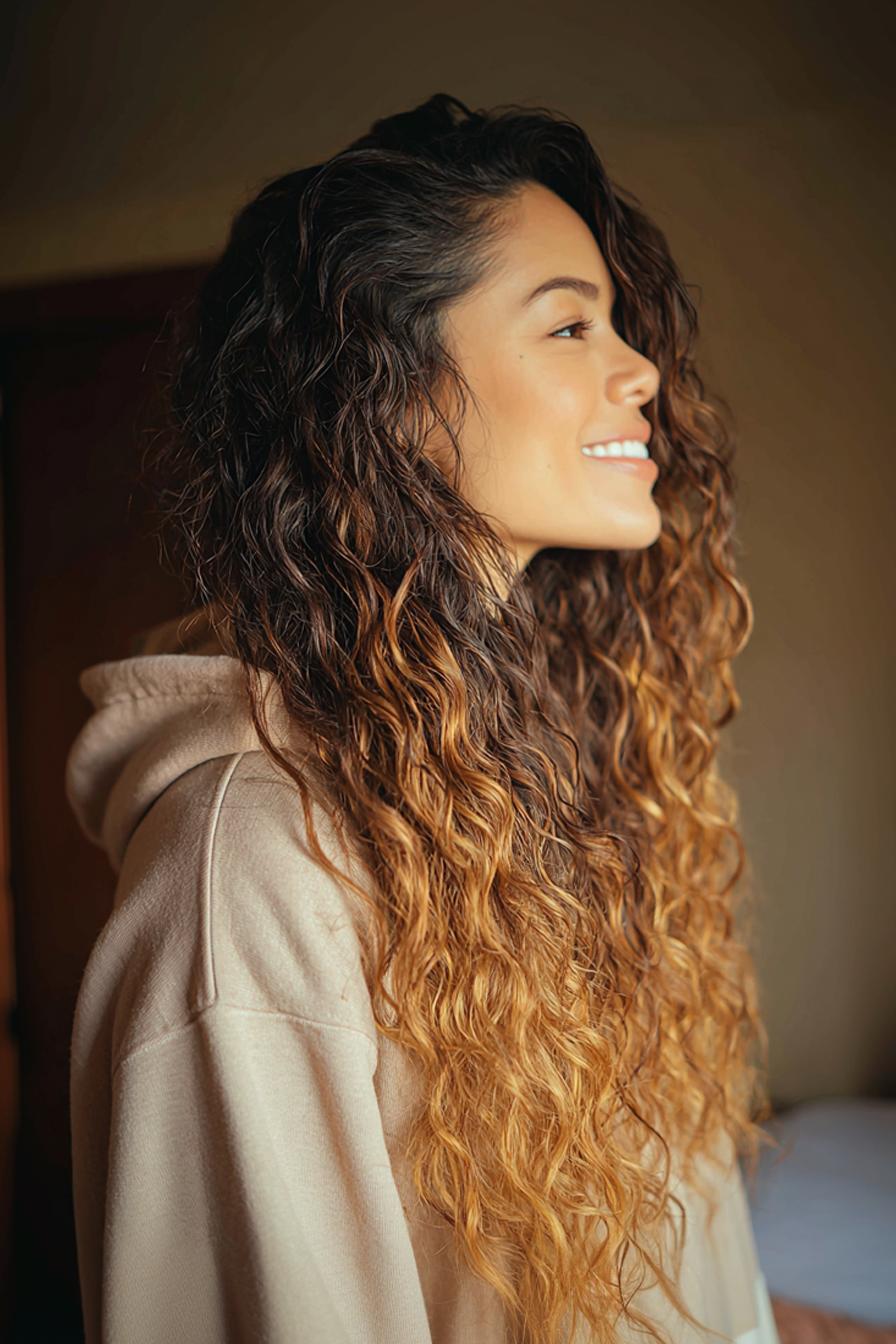 5. Tapered Layers with Golden Ombre (Long Haircuts For Curly Hair) - Long Haircuts For Curly Hair