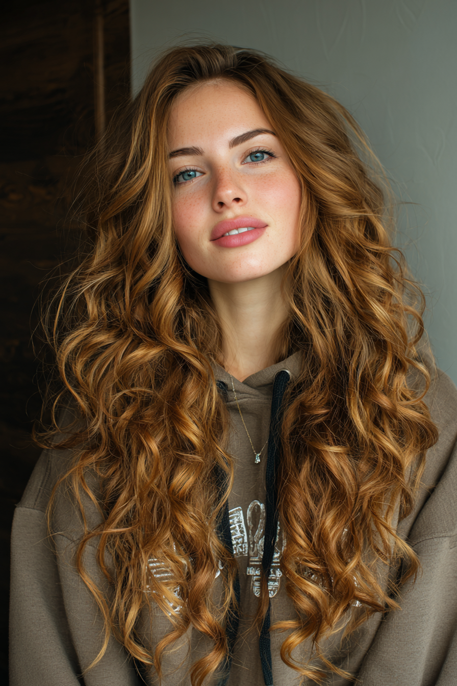 6. Long Spiral Cut with Cinnamon Streaks (Long Haircuts For Curly Hair) - Long Haircuts For Curly Hair