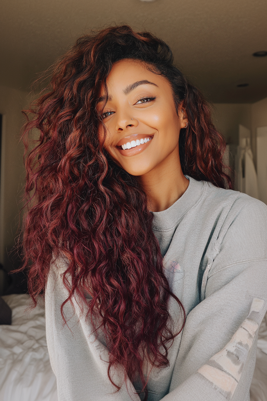 10. Side-Parted Curls with Burgundy Ends (Long Haircuts For Curly Hair) - Long Haircuts For Curly Hair