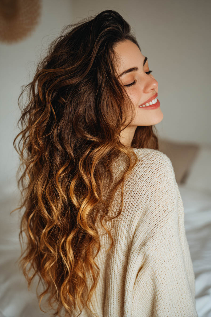 13. Waterfall Layers with Chestnut Roots and Amber Ends (Long Haircuts For Curly Hair) - Long Haircuts For Curly Hair