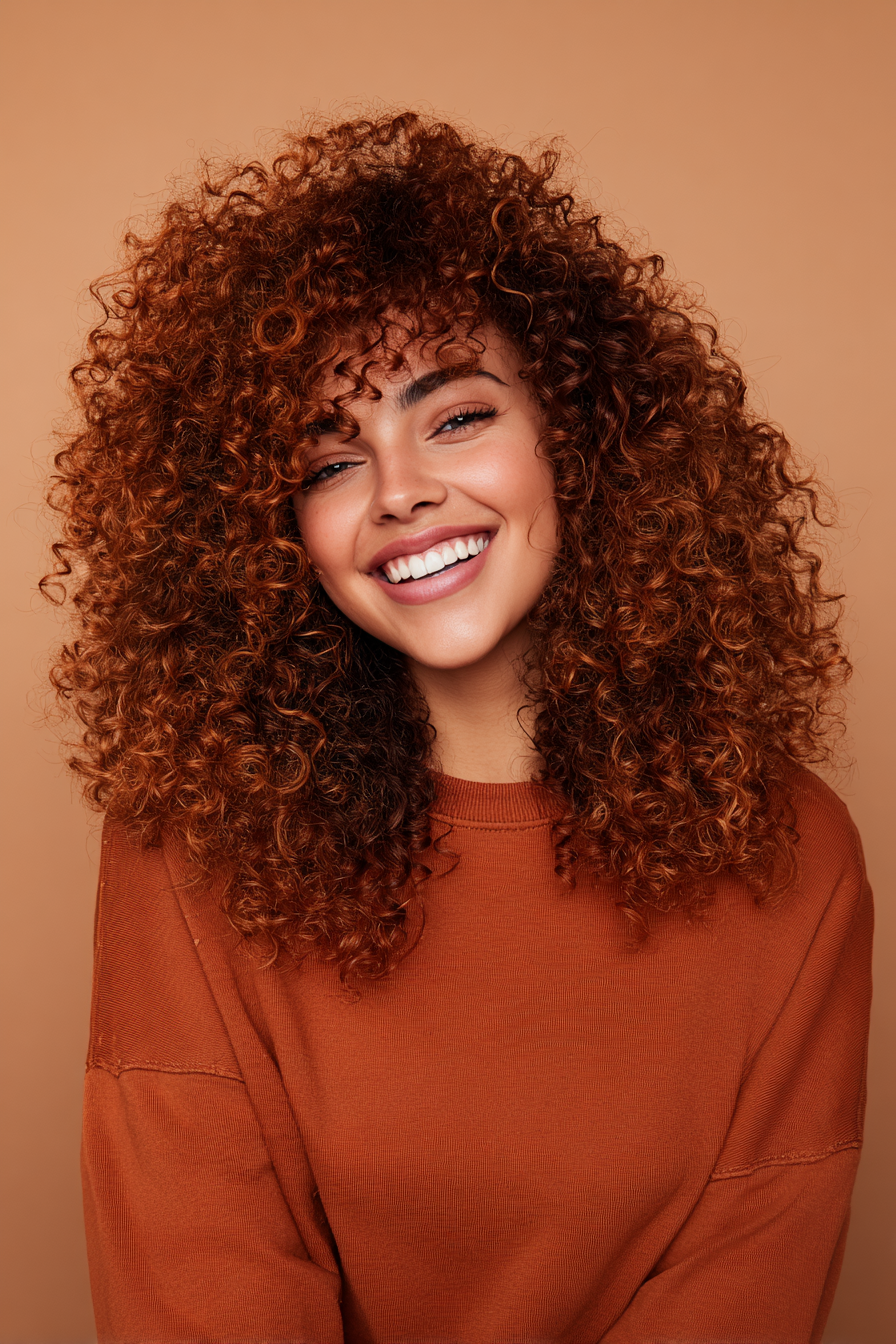 18. Long Triangle Cut with Bold Copper (Long Haircuts For Curly Hair) - Long Haircuts For Curly Hair