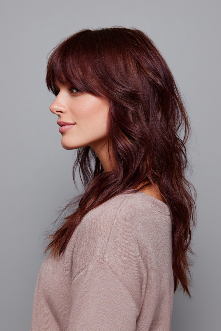 17. Layered Curtain Cut with Smoky Plum (Long Haircuts For Curly Hair) - Long Haircuts For Curly Hair