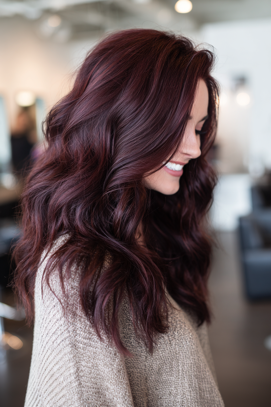 25. Asymmetrical Cut with Deep Ruby Tint (Long Haircuts For Curly Hair) - Long Haircuts For Curly Hair