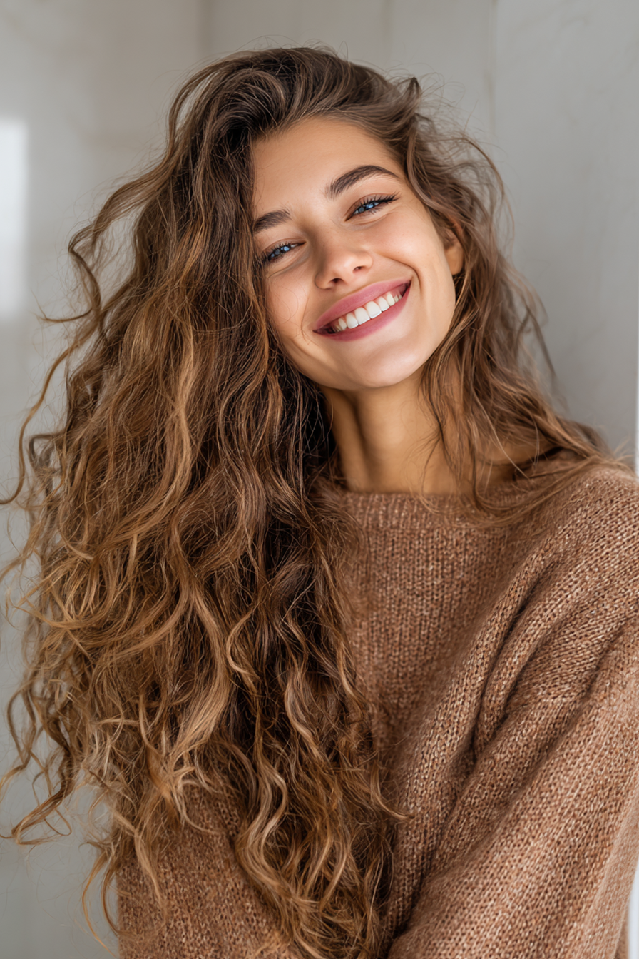 27. Crown-Lift Layers with Dusty Caramel (Long Haircuts For Curly Hair) - Long Haircuts For Curly Hair