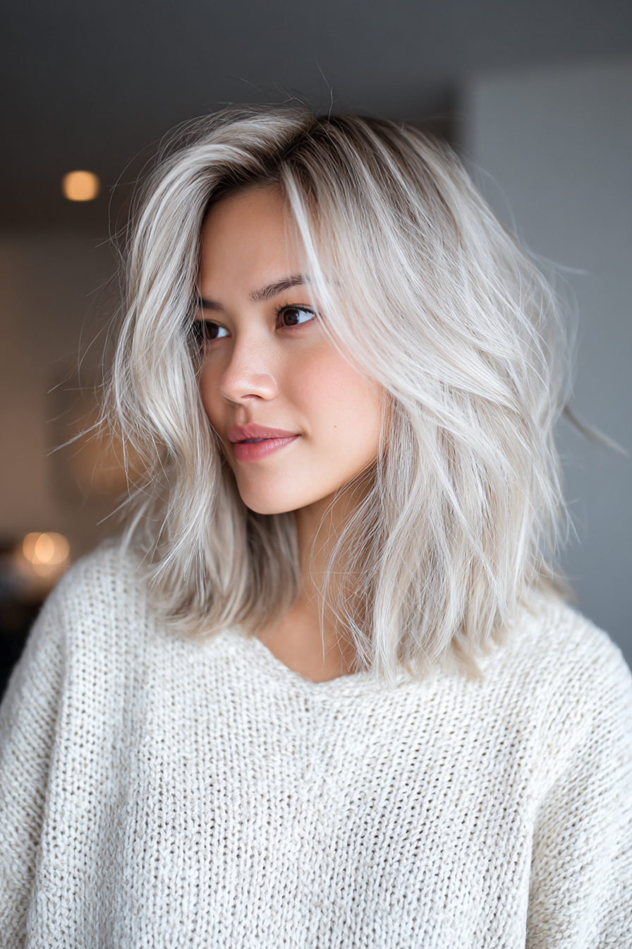 2. Modern Lob with Icy Blonde Balayage (Medium Length Layered Hairstyles For Women Over 40) - Medium Length Layered Hairstyles For Women Over 40