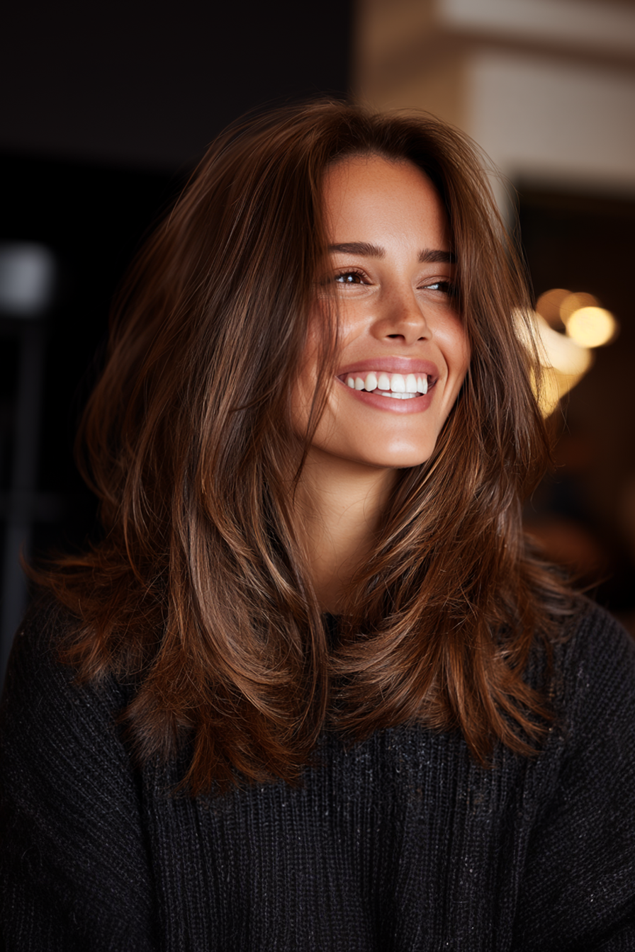 3. Wispy Layers with Chestnut Gloss (Medium Length Layered Hairstyles For Women Over 40) - Medium Length Layered Hairstyles For Women Over 40