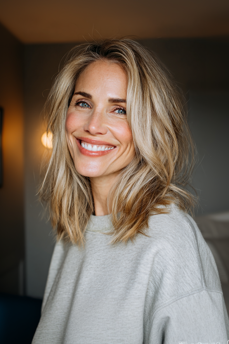 6. Angled Layers with Ash Blonde Highlights (Medium Length Layered Hairstyles For Women Over 40) - Medium Length Layered Hairstyles For Women Over 40