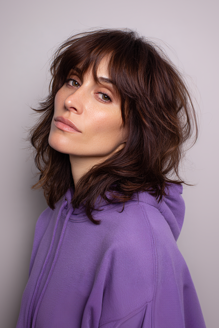 13. Mid-Length Shag with Smoky Violet Undertones (Medium Length Layered Hairstyles For Women Over 40) - Medium Length Layered Hairstyles For Women Over 40