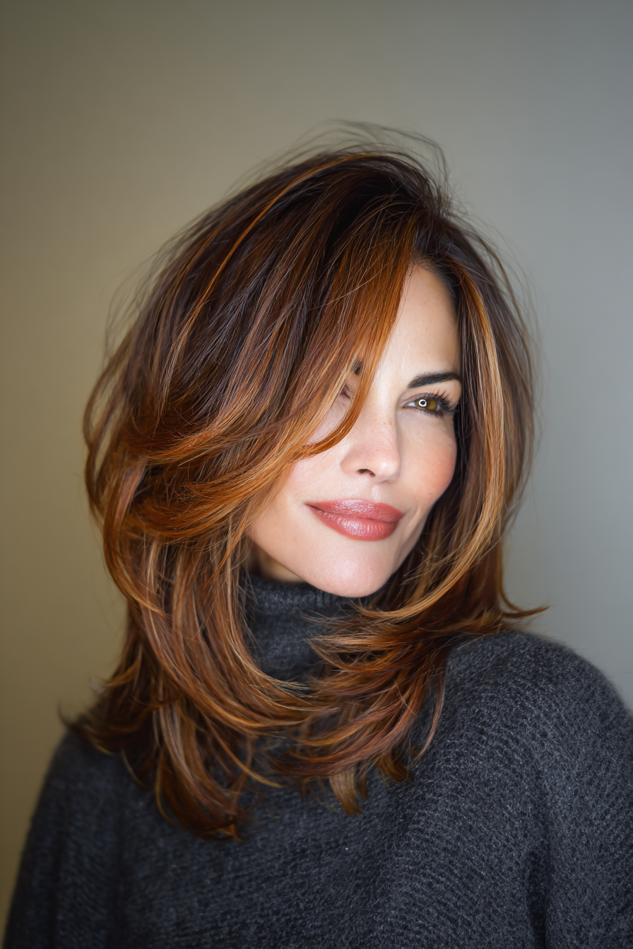 15. Round Layered Cut with Cinnamon Highlights (Medium Length Layered Hairstyles For Women Over 40) - Medium Length Layered Hairstyles For Women Over 40