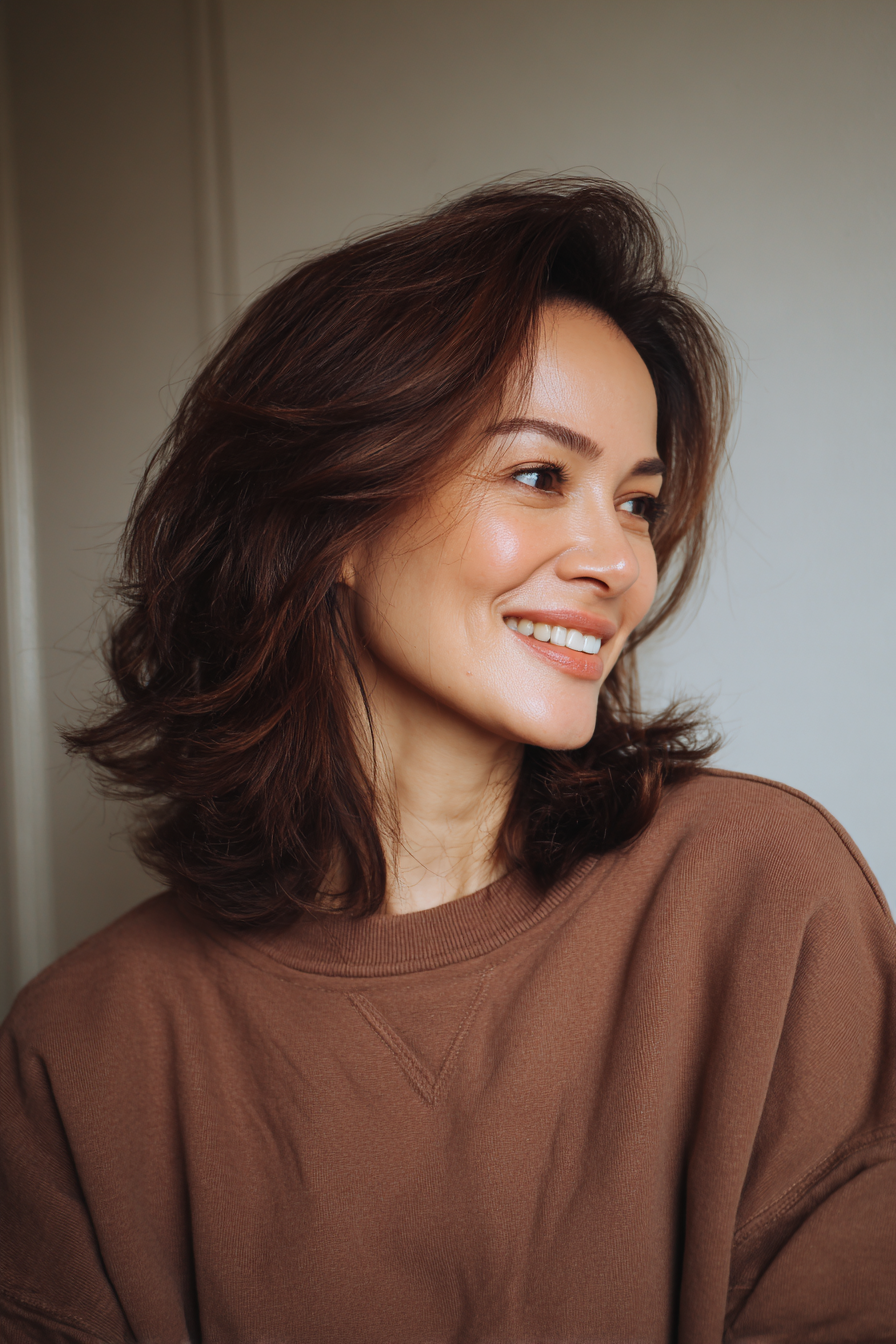 18. Minimal Layer Lob with Soft Mahogany Tint (Medium Length Layered Hairstyles For Women Over 40) - Medium Length Layered Hairstyles For Women Over 40