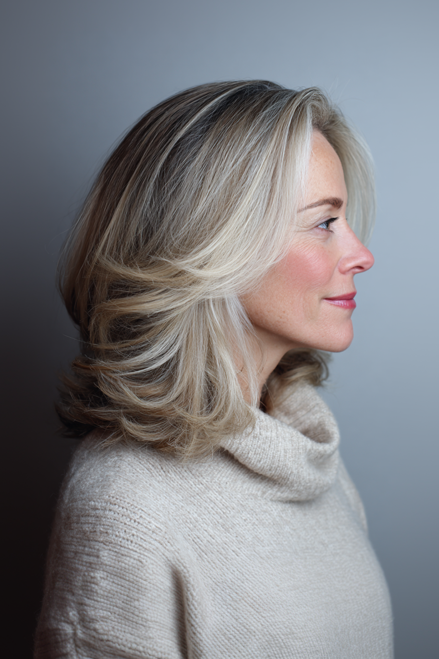 19. Curved Layers with Neutral Blonde Glow (Medium Length Layered Hairstyles For Women Over 40) - Medium Length Layered Hairstyles For Women Over 40