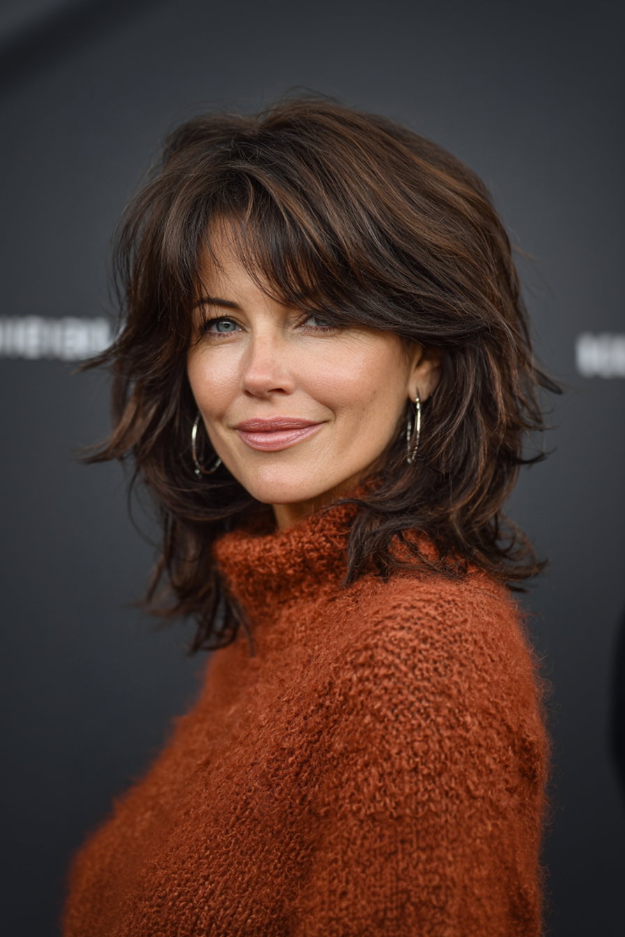 20. Razor Cut Layers with Cool Cocoa Color (Medium Length Layered Hairstyles For Women Over 40) - Medium Length Layered Hairstyles For Women Over 40