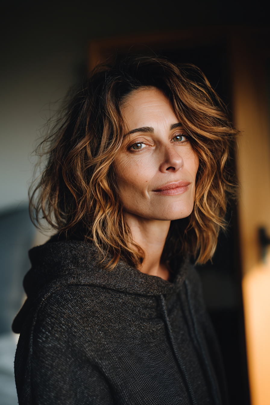 22. Shoulder Shag with Sunlit Bronze Hue (Medium Length Layered Hairstyles For Women Over 40) - Medium Length Layered Hairstyles For Women Over 40