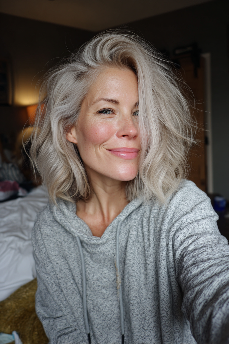 23. Airy Layered Cut with Soft Platinum Fade (Medium Length Layered Hairstyles For Women Over 40) - Medium Length Layered Hairstyles For Women Over 40
