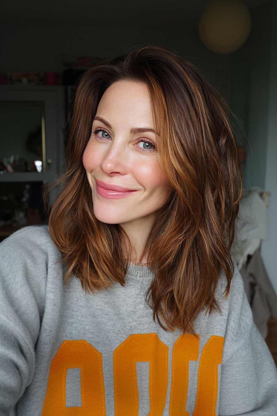 25. Graduated Layers with Soft Amber Tint (Medium Length Layered Hairstyles For Women Over 40) - Medium Length Layered Hairstyles For Women Over 40