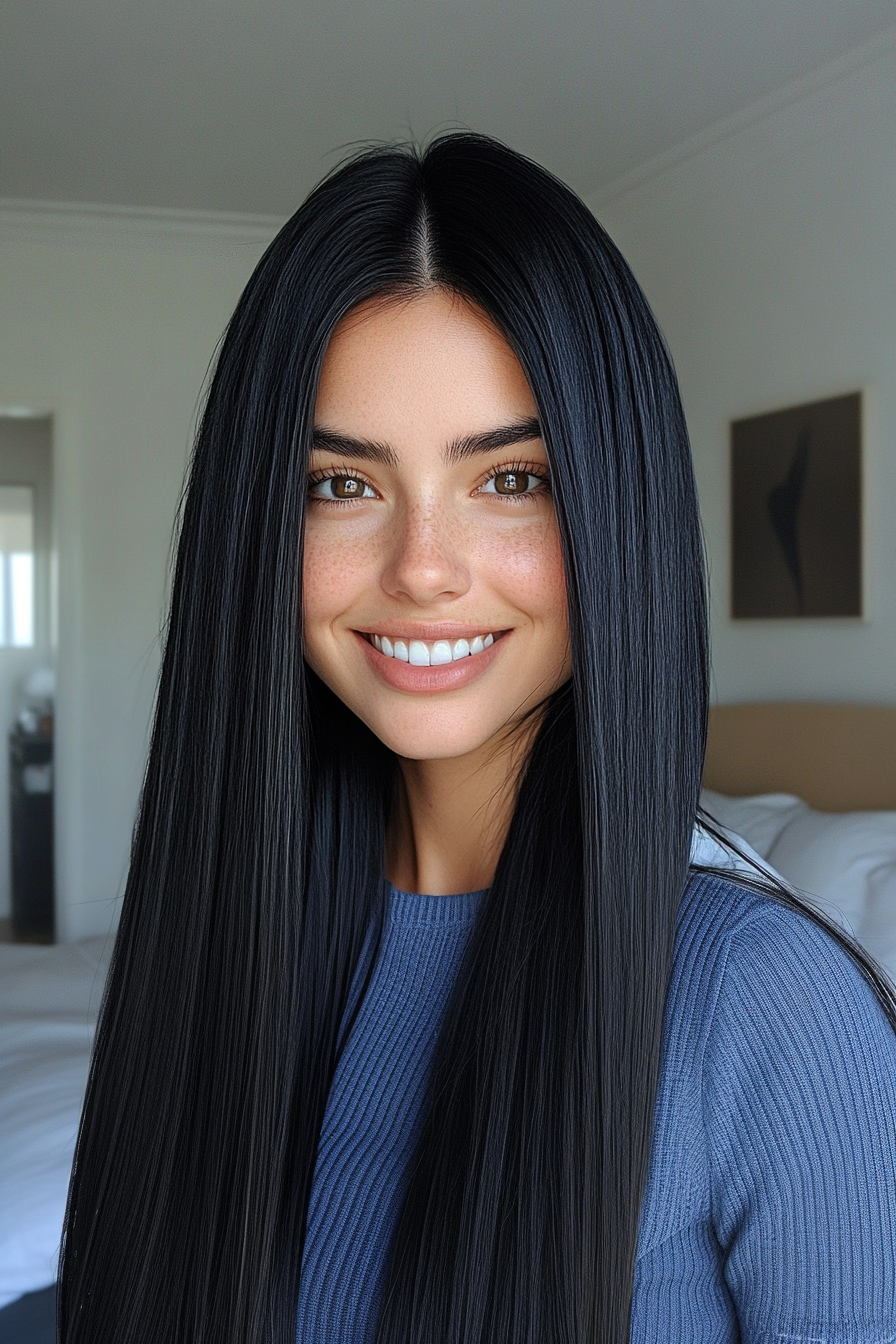 13. Jet Black Straight Cut with Defined Middle Part (Straight Hair Haircuts) - Straight Hair Haircuts