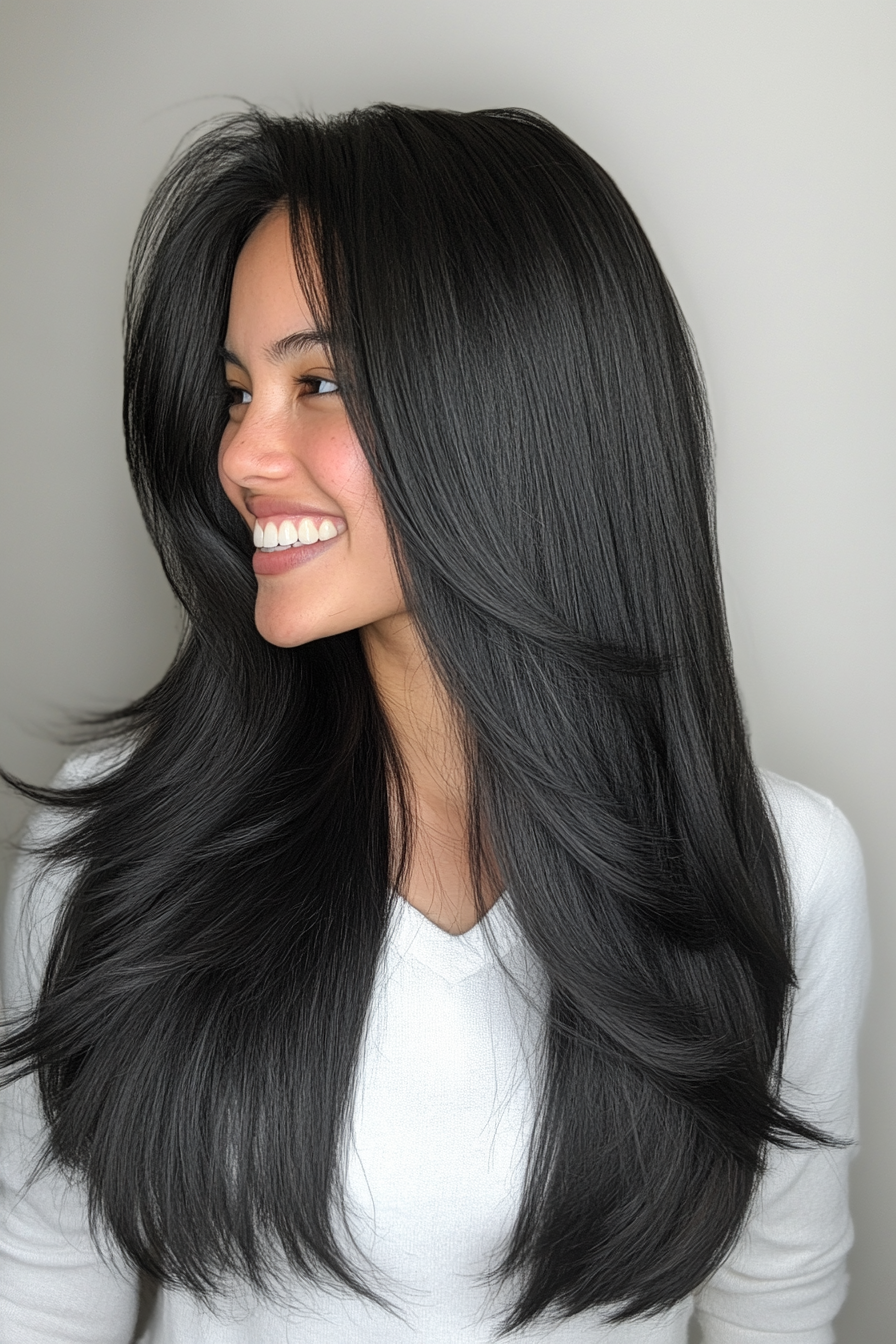 24. Silky Black Layers with Sleek Edges (Straight Hair Haircuts) - Straight Hair Haircuts