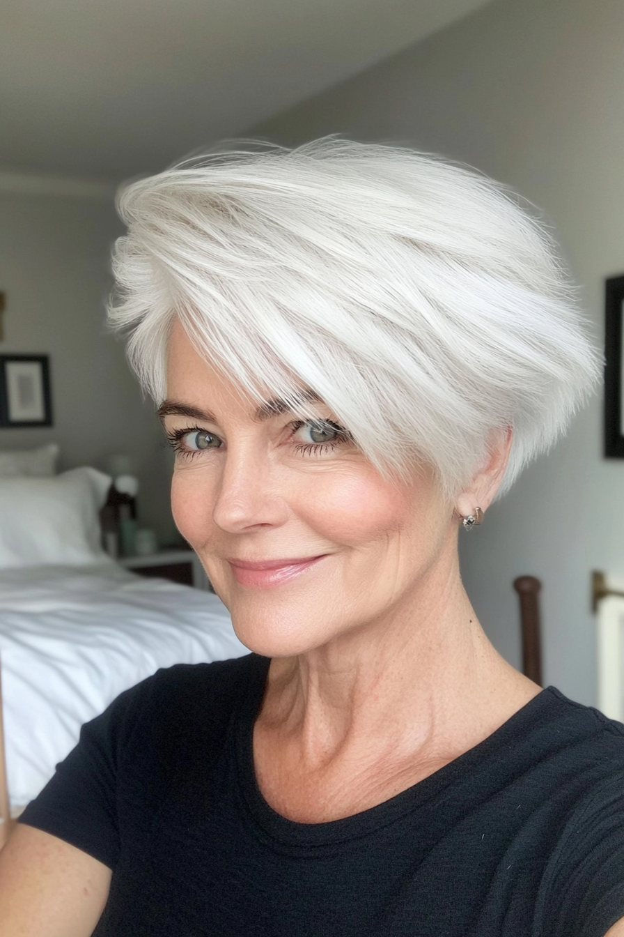 2. Feathered Pixie with Ash White Hue (Hairstyles For Women Over 60 With White Hair) - Hairstyles For Women Over 60 With White Hair