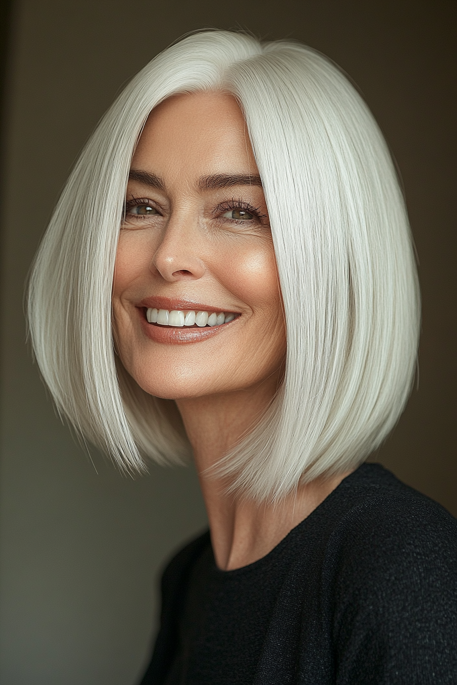 5. Sleek Straight Bob in Creamy White (Hairstyles For Women Over 60 With White Hair) - Hairstyles For Women Over 60 With White Hair