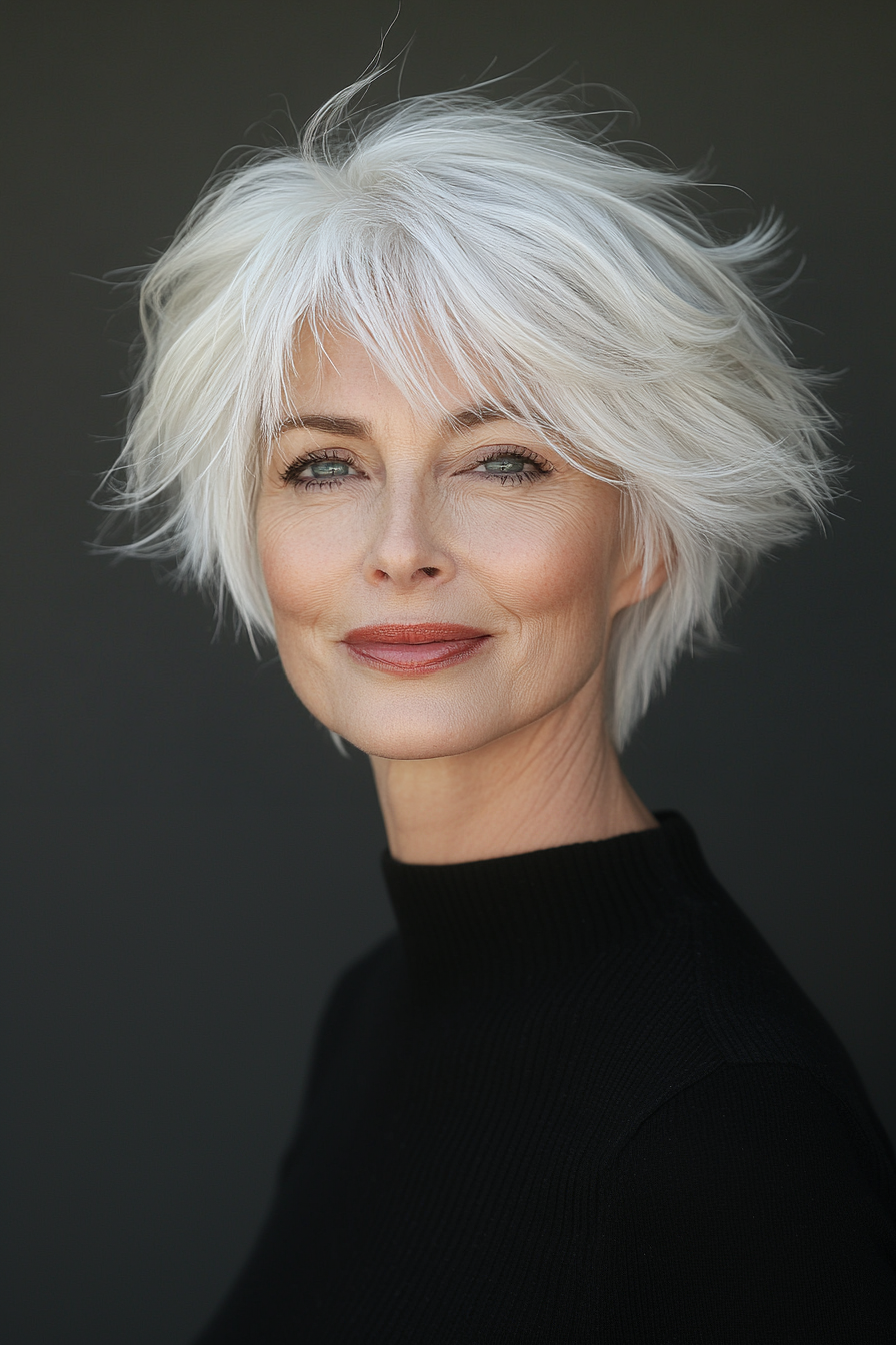 6. Wispy Pixie Crop in Natural White (Hairstyles For Women Over 60 With White Hair) - Hairstyles For Women Over 60 With White Hair