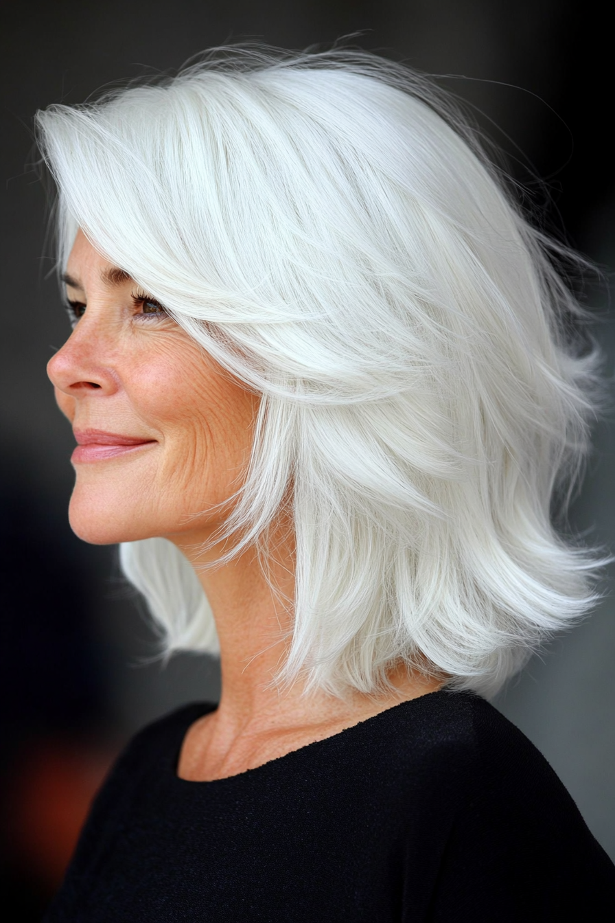 7. Layered Shoulder-Length Cut in Ice White (Hairstyles For Women Over 60 With White Hair) - Hairstyles For Women Over 60 With White Hair
