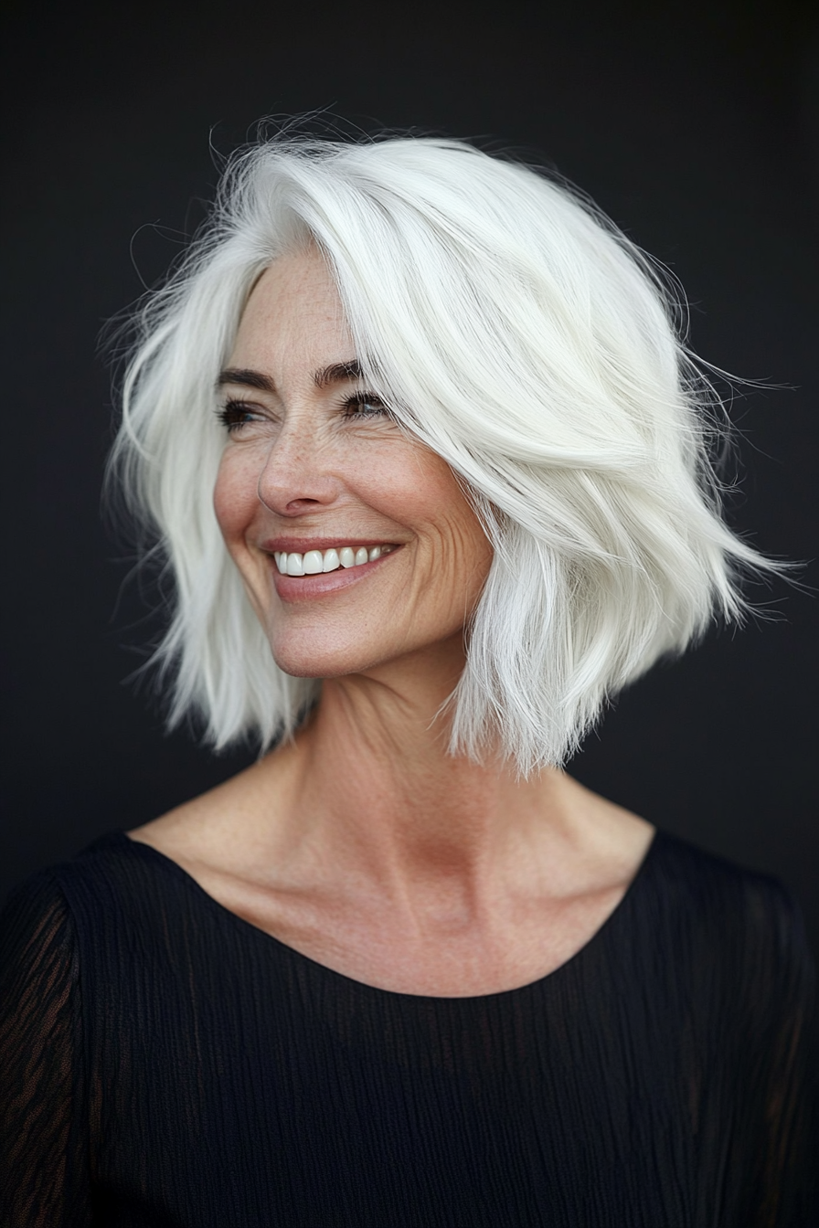 11. Asymmetrical Cut in Milky White (Hairstyles For Women Over 60 With White Hair) - Hairstyles For Women Over 60 With White Hair