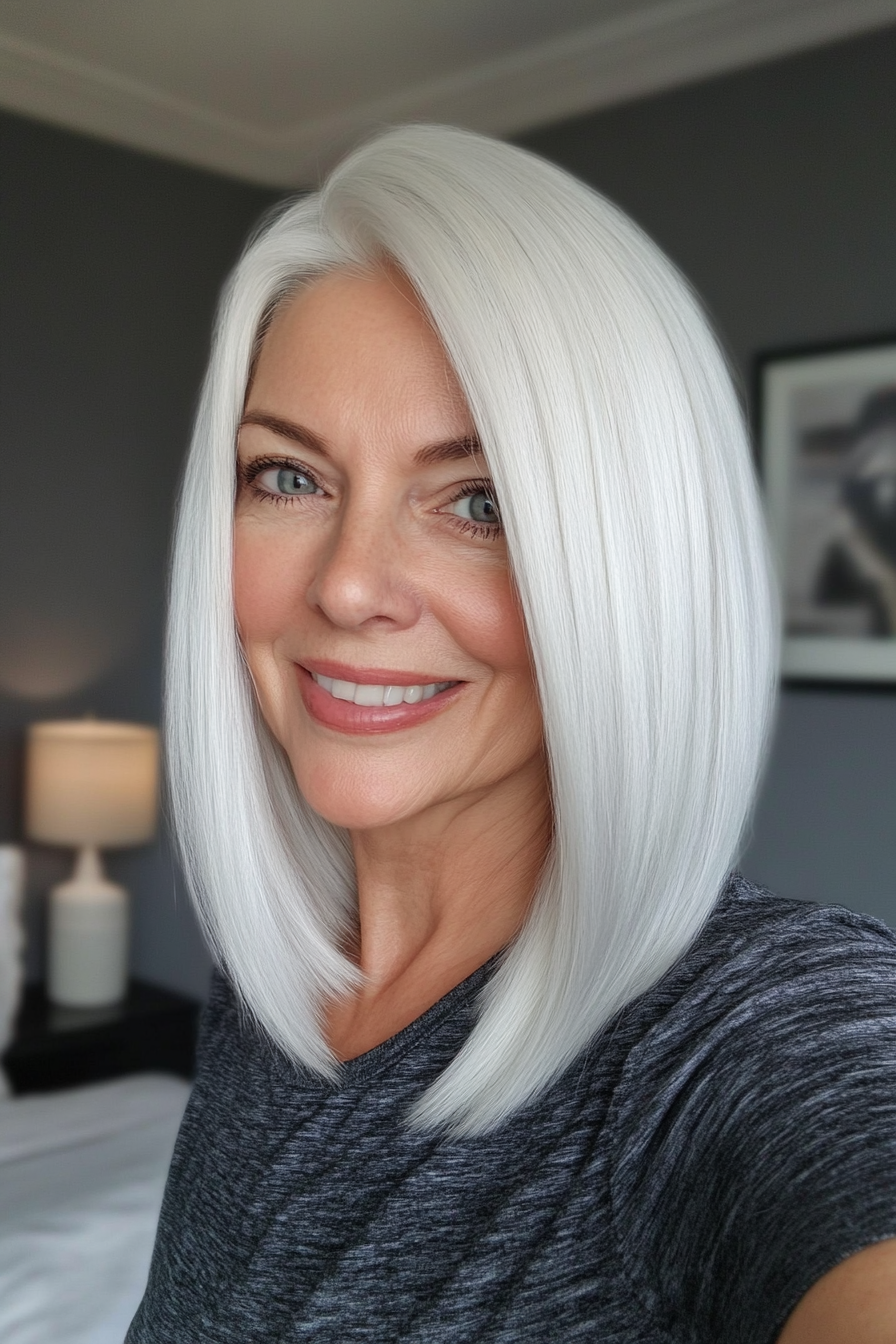 13. Straight Lob with Pearl White Shine (Hairstyles For Women Over 60 With White Hair) - Hairstyles For Women Over 60 With White Hair