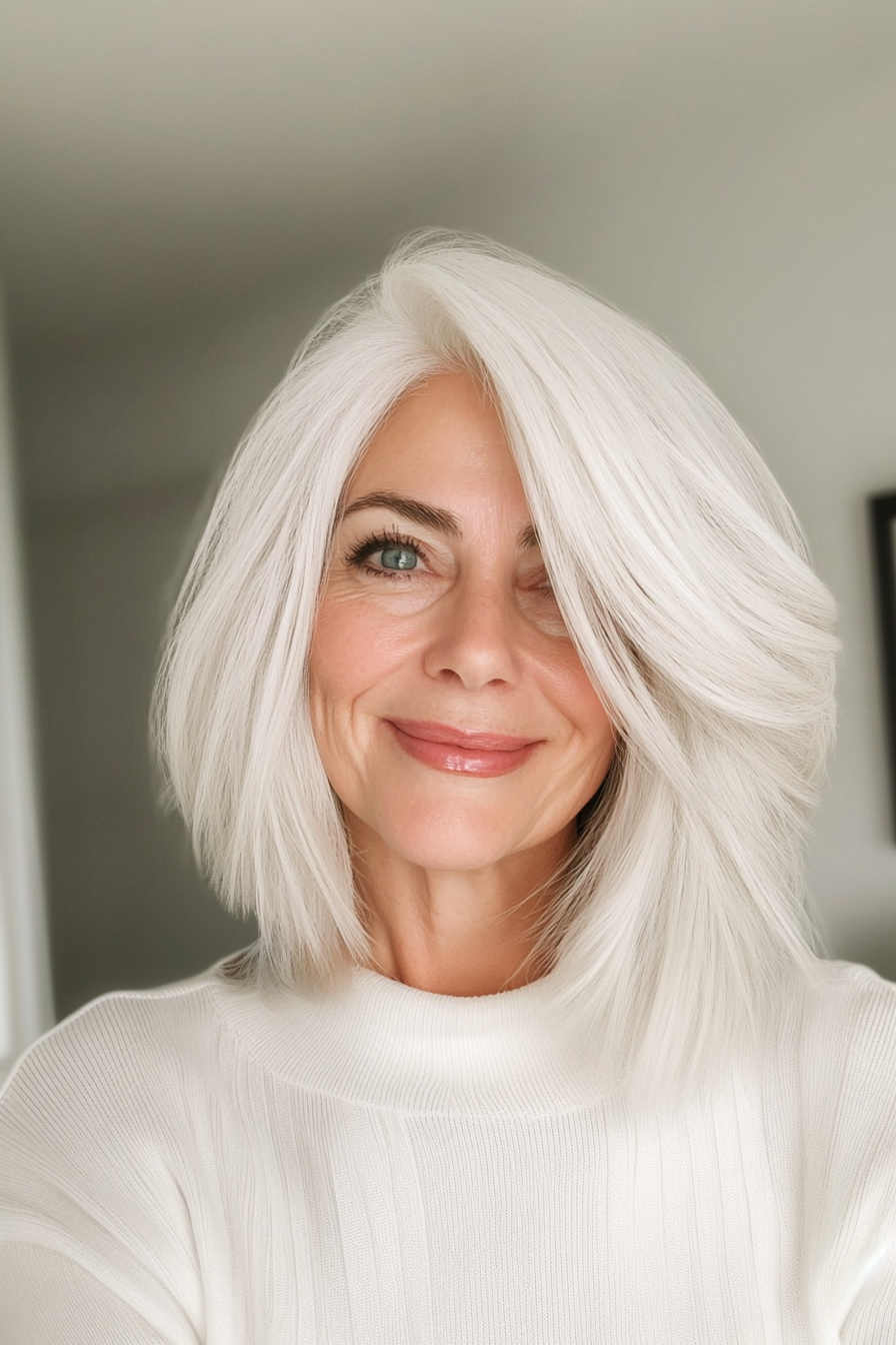 17. Medium Choppy Cut in Neutral White (Hairstyles For Women Over 60 With White Hair) - Hairstyles For Women Over 60 With White Hair