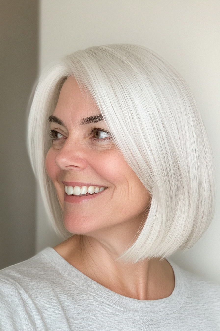 19. Side-Parted Lob in Crystal White (Hairstyles For Women Over 60 With White Hair) - Hairstyles For Women Over 60 With White Hair
