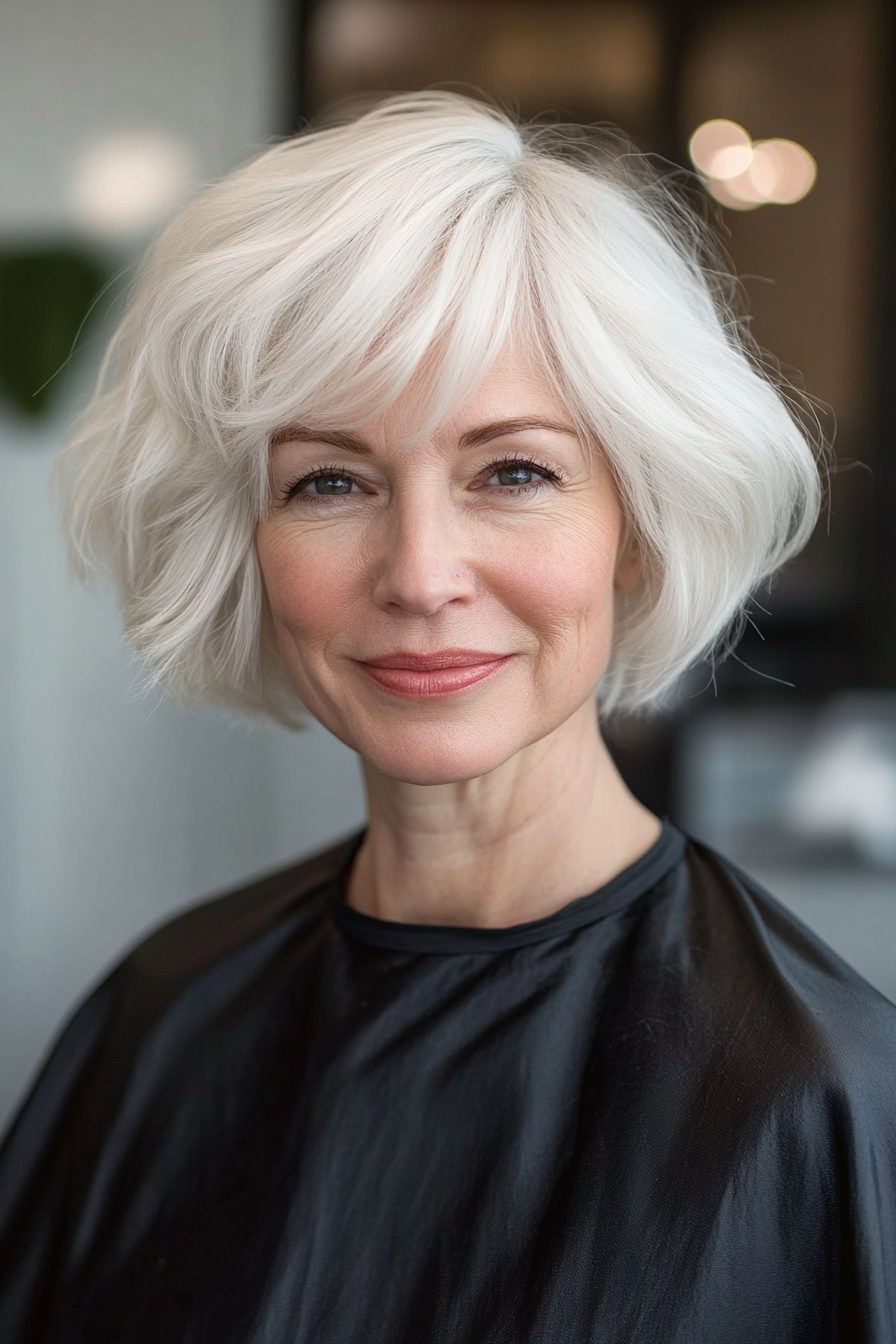 23. Soft Layered Crop in Misty White (Hairstyles For Women Over 60 With White Hair) - Hairstyles For Women Over 60 With White Hair
