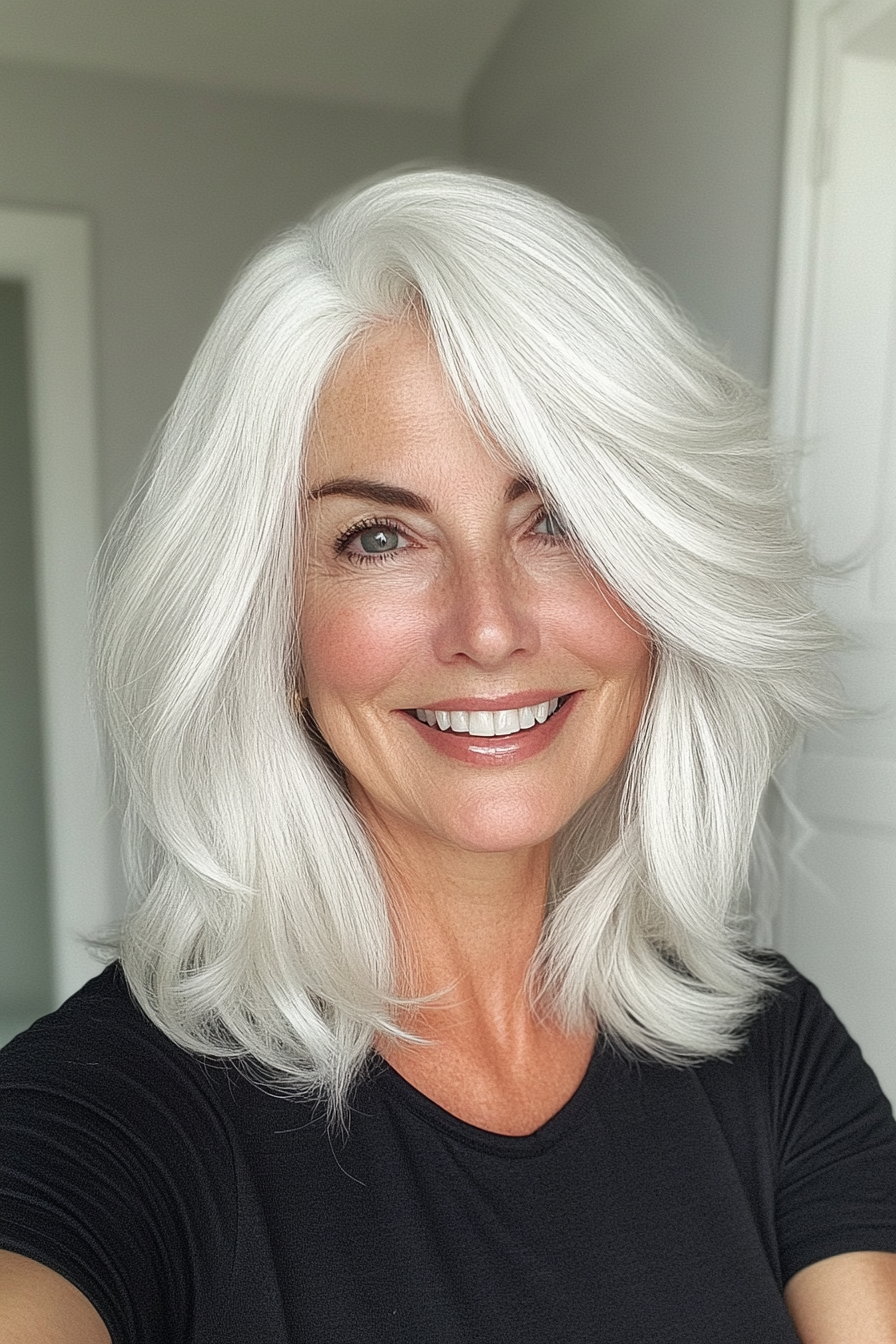 24. Voluminous Medium Cut in Dove White (Hairstyles For Women Over 60 With White Hair) - Hairstyles For Women Over 60 With White Hair