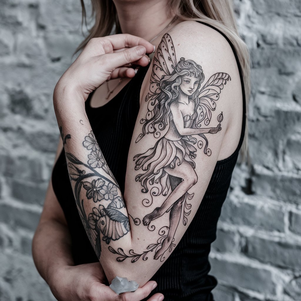 Black And Grey Fairy Sleeve Tattoo