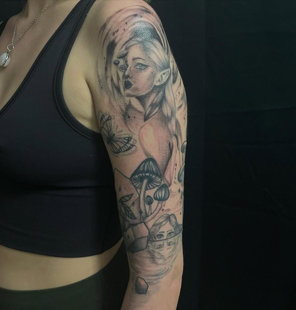 Mushrooms And Fairy Sleeve Tattoo