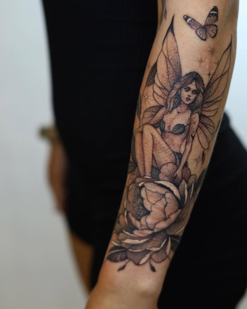 Flower And Fairy Sleeve Tattoo