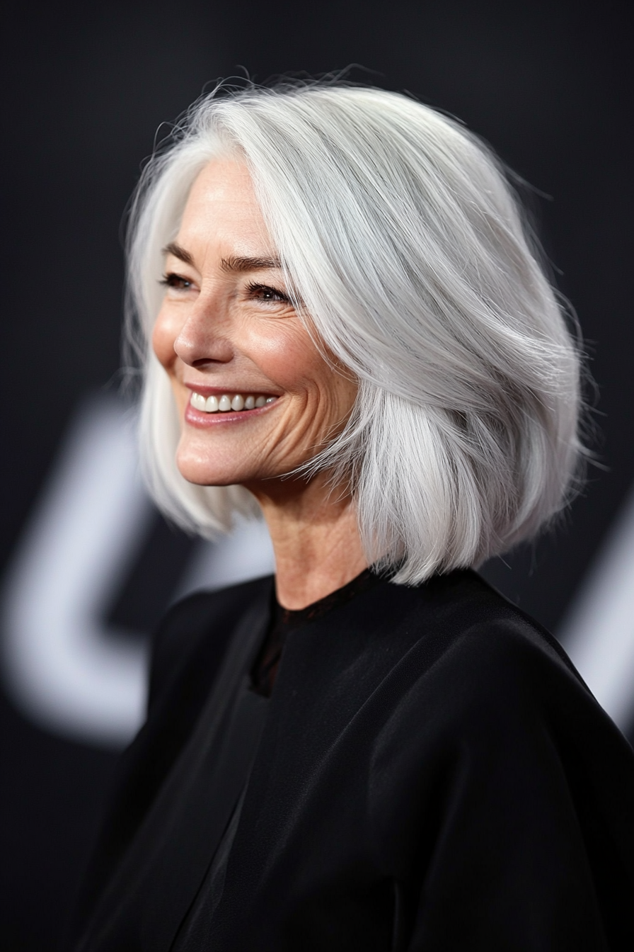1. Soft Layered Bob in Silvery White (Hairstyles For Women Over 60 With White Hair) - Hairstyles For Women Over 60 With White Hair