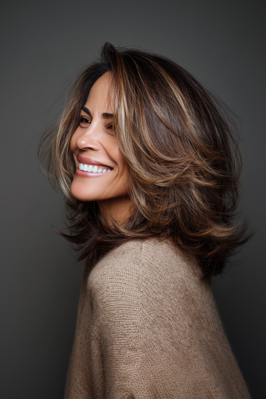 27. Mid-Length Bouncy Layers with Maple Highlights (Medium Length Layered Hairstyles For Women Over 40) - Medium Length Layered Hairstyles For Women Over 40