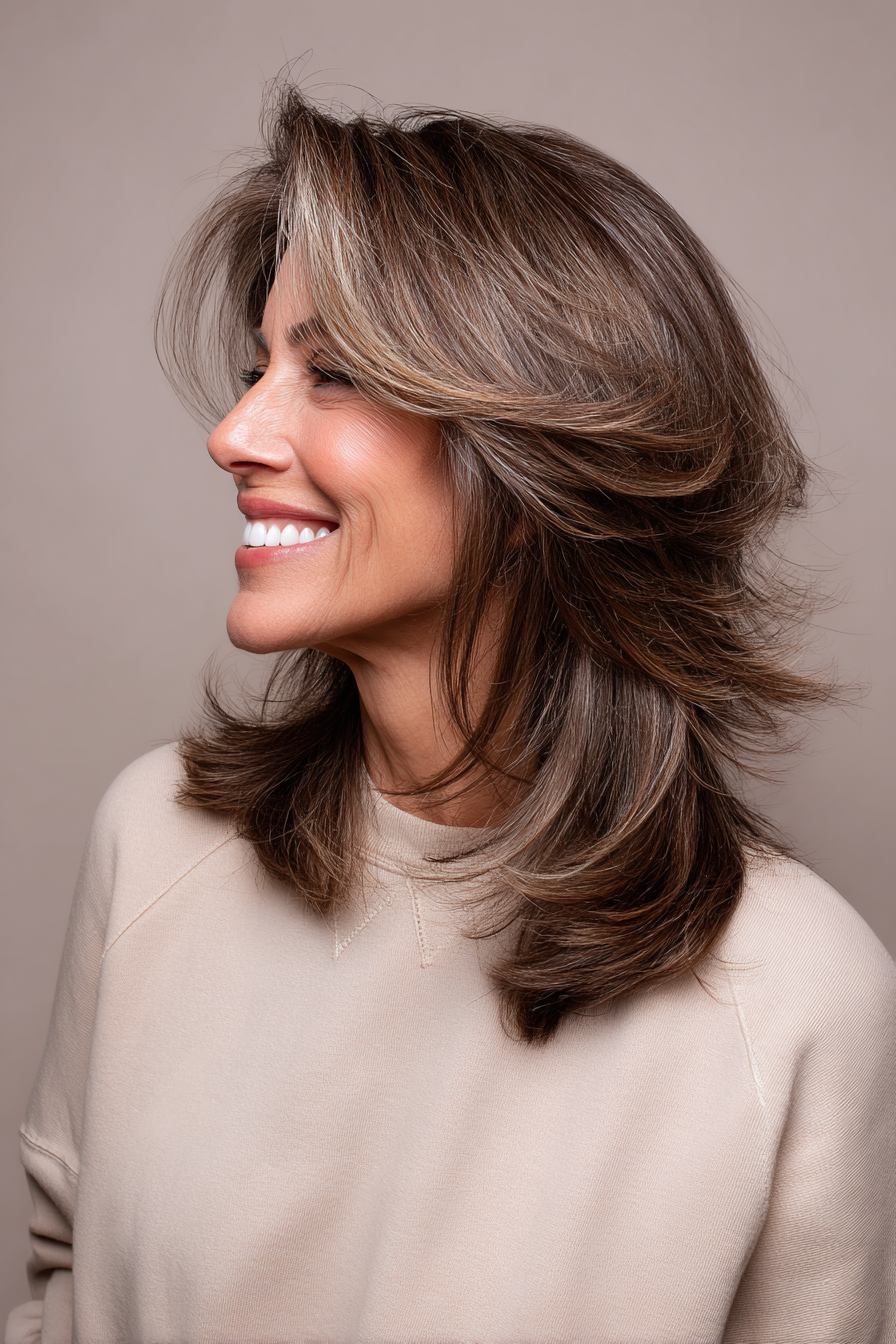 11. Swoopy Layers with Espresso Base and Bronze Lights (Medium Length Layered Hairstyles For Women Over 40) - Medium Length Layered Hairstyles For Women Over 40