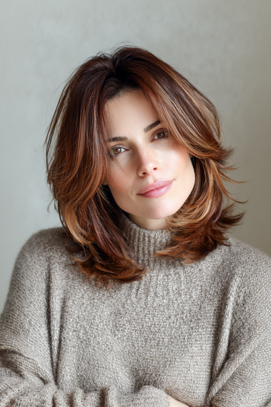 8. Textured Mid-Length Cut with Rose Gold Sheen (Medium Length Layered Hairstyles For Women Over 40) - Medium Length Layered Hairstyles For Women Over 40