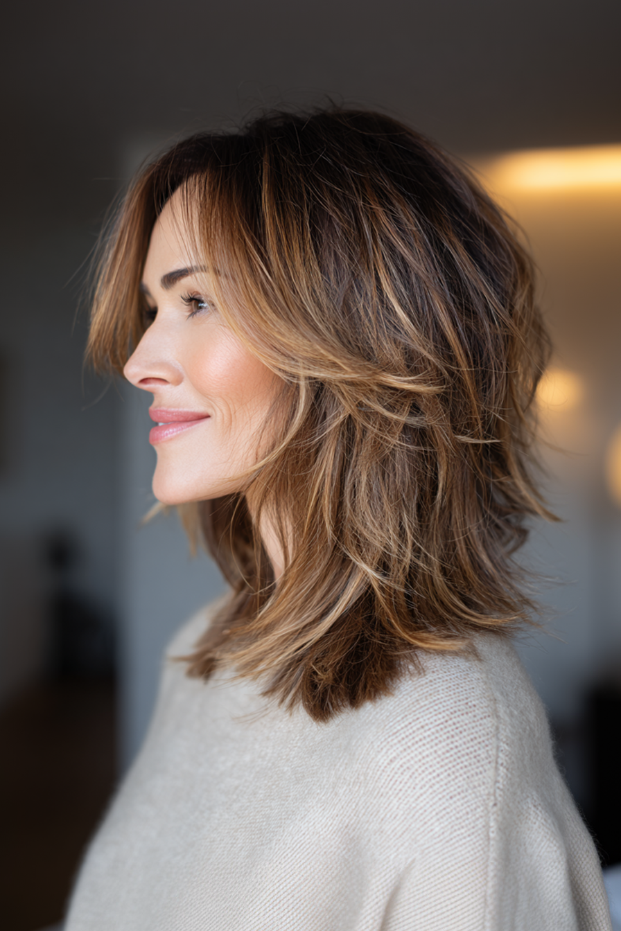 1. Soft Shag with Honey Caramel Highlights (Medium Length Layered Hairstyles For Women Over 40) - Medium Length Layered Hairstyles For Women Over 40