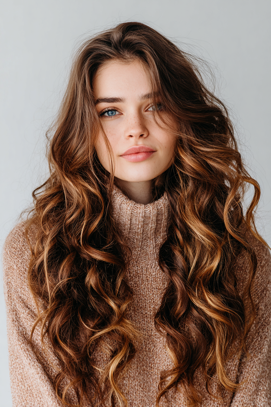 1. Long Cascade Layers with Caramel Balayage (Long Haircuts For Curly Hair) - Long Haircuts For Curly Hair