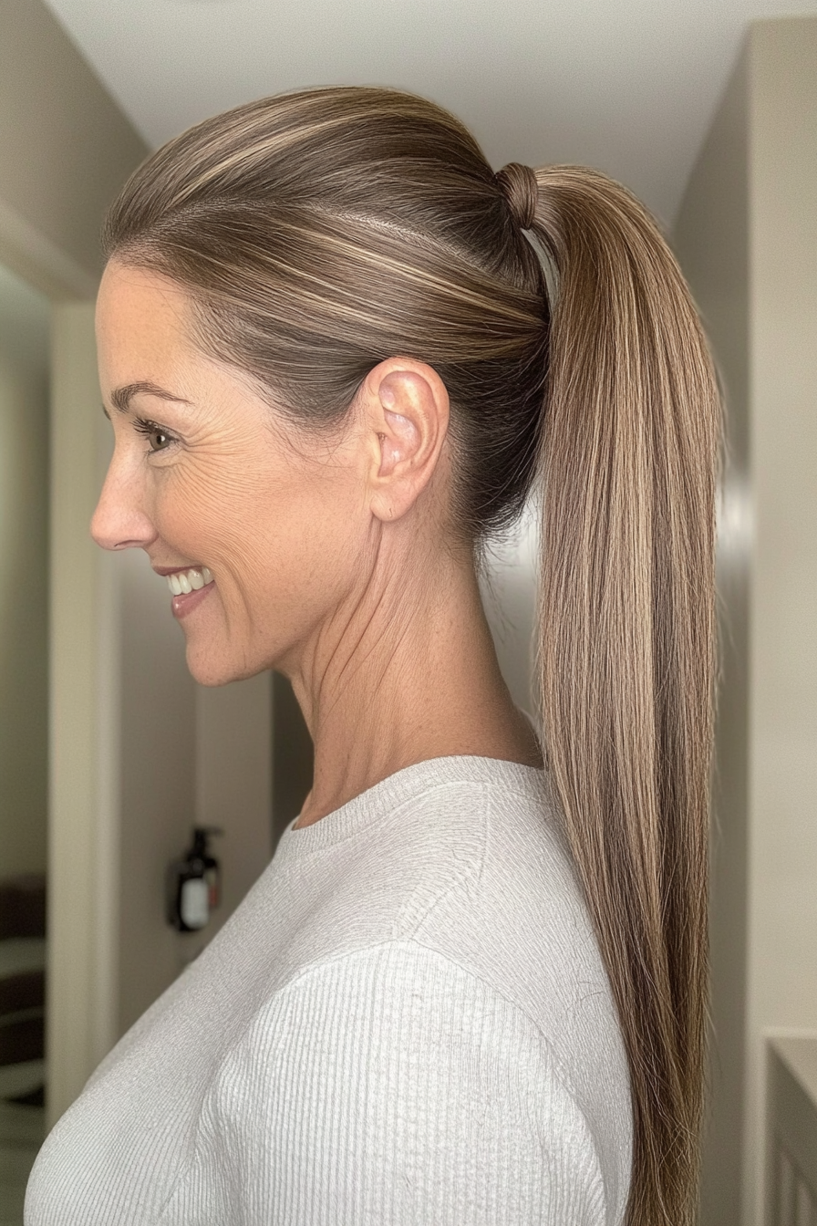 2. Sleek Ponytail with Ash Brown Highlights (Pulled Back Hairstyles For Women Over 40) - Pulled Back Hairstyles For Women Over 40