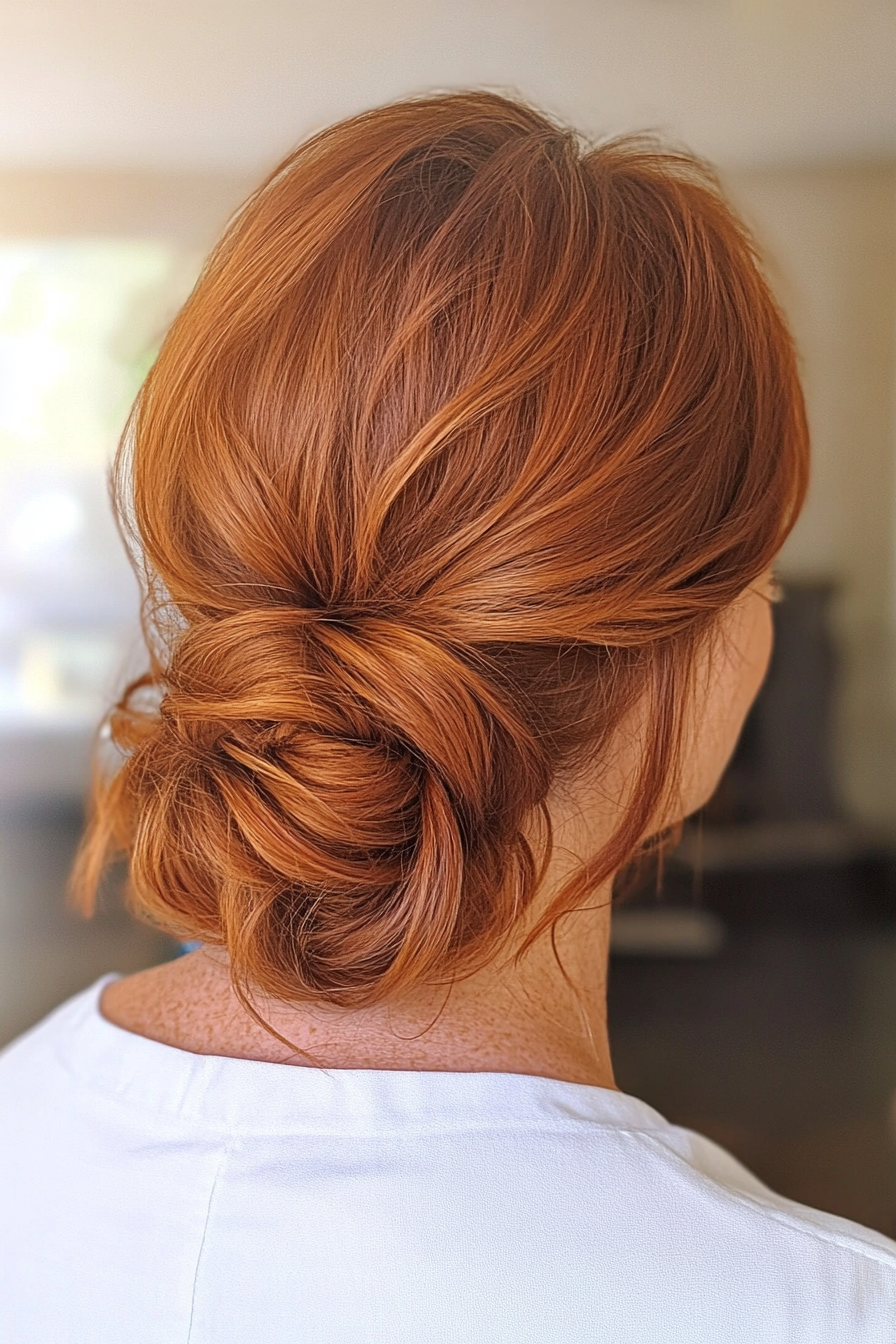5. Loose Low Bun with Subtle Auburn Waves (Pulled Back Hairstyles For Women Over 40) - Pulled Back Hairstyles For Women Over 40