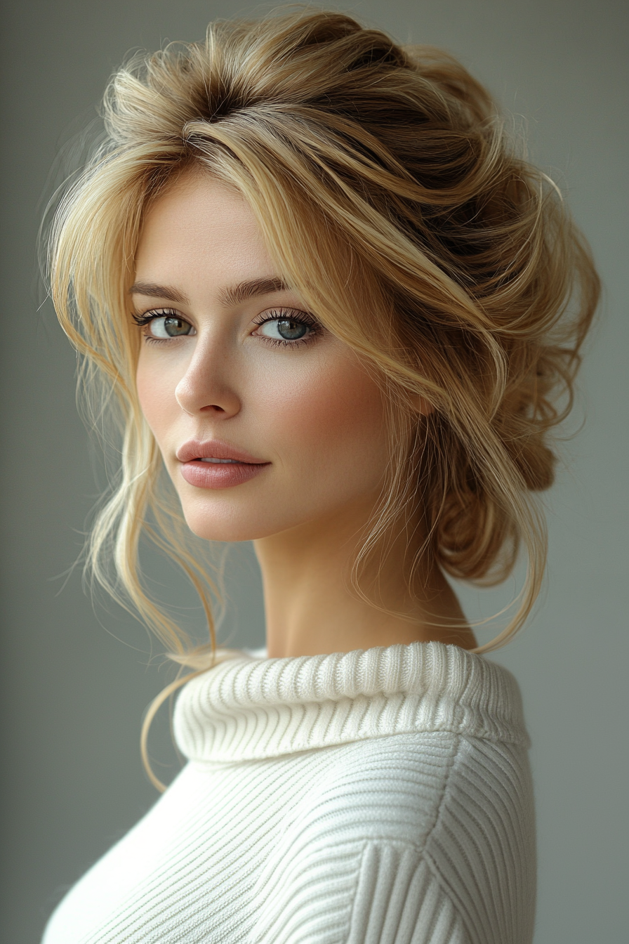 4. Side Swept Chignon with Warm Honey Blonde Layers (Pulled Back Hairstyles For Women Over 40) - Pulled Back Hairstyles For Women Over 40